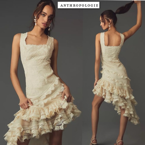 Geisha Designs Anthropology Square Neck Ruffled Asymmetrical Lace Dress S - Picture 2 of 16